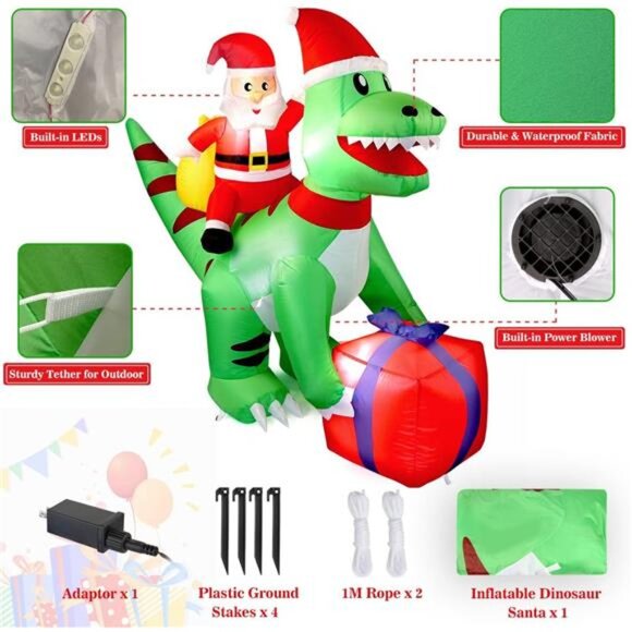 5FT Christmas Inflatables Dinosaur Santa Claus Blow Up with Built-in LED Lights - Picture 4 of 6
